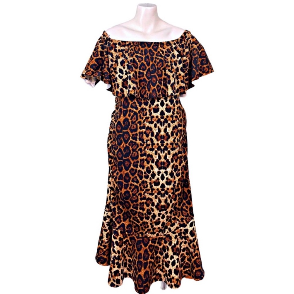 VINTAGE pinup leopard off shoulder dress mermaid hem